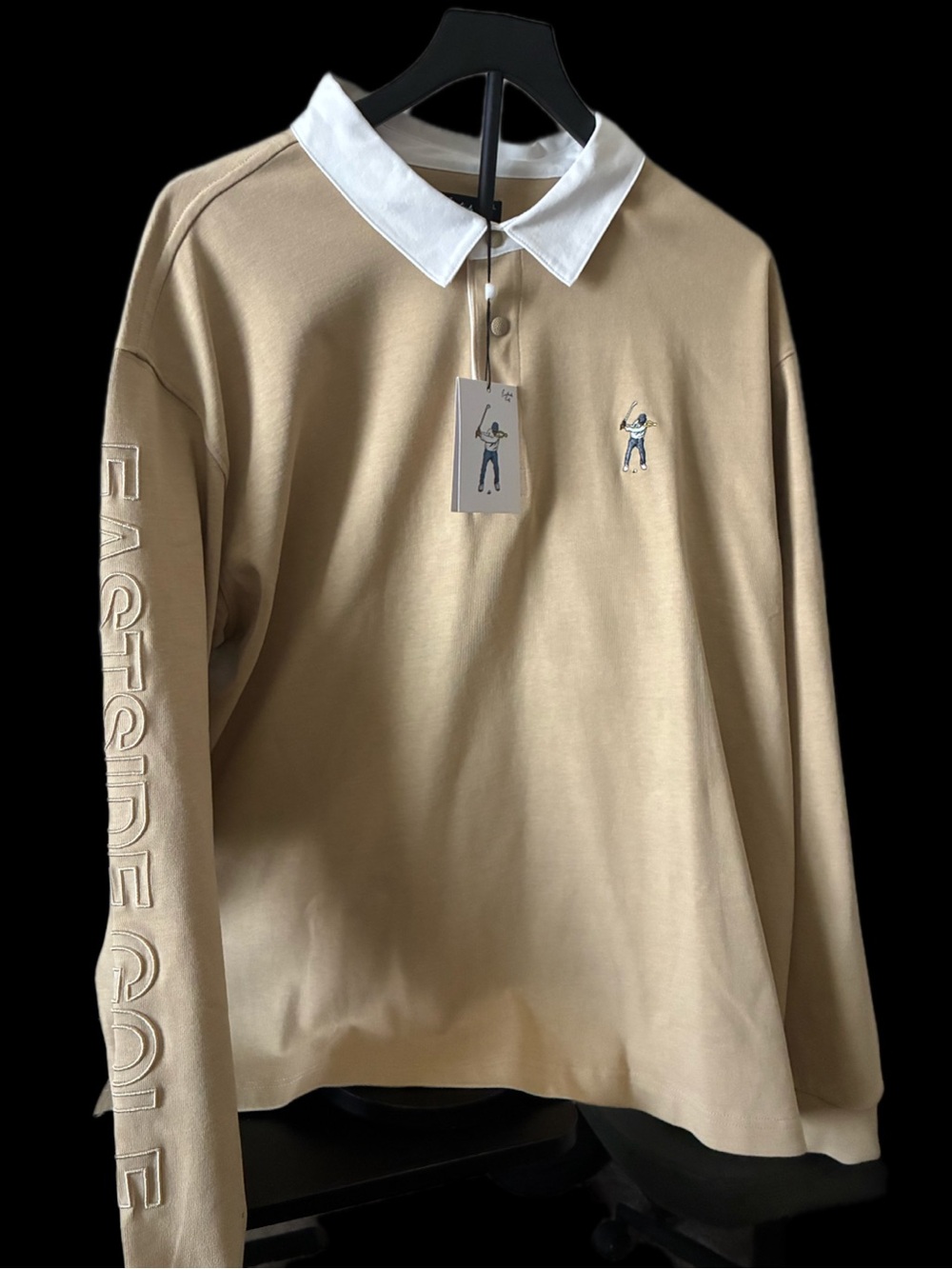 Beige Long-Sleeve Polo Shirt with White Collar